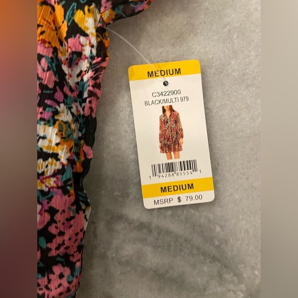 NWT Vince Camuto Size M Black Floral Ruffle Flowy Long Sleeve Sheer Mini Dress - Picture 9 of 13